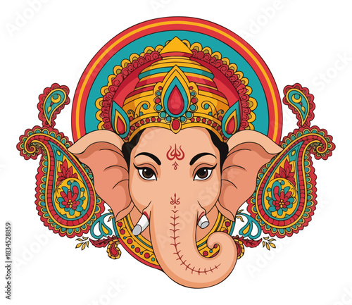 Ornate Ganesha head with paisley design. Decorative vector art of Hindu God for Ganesh Chaturthi.