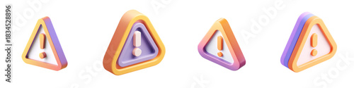 Alert Symbols Collection: 3D Warning Signs for Notifications and Error Messages, Modern Graphic Elements for User Interface Design, Emphasizing Attention and Risk Awareness