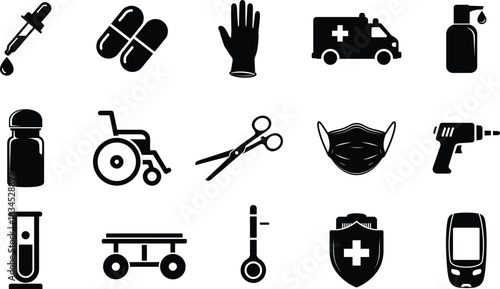Black and white medical icons set representing healthcare and emergency services