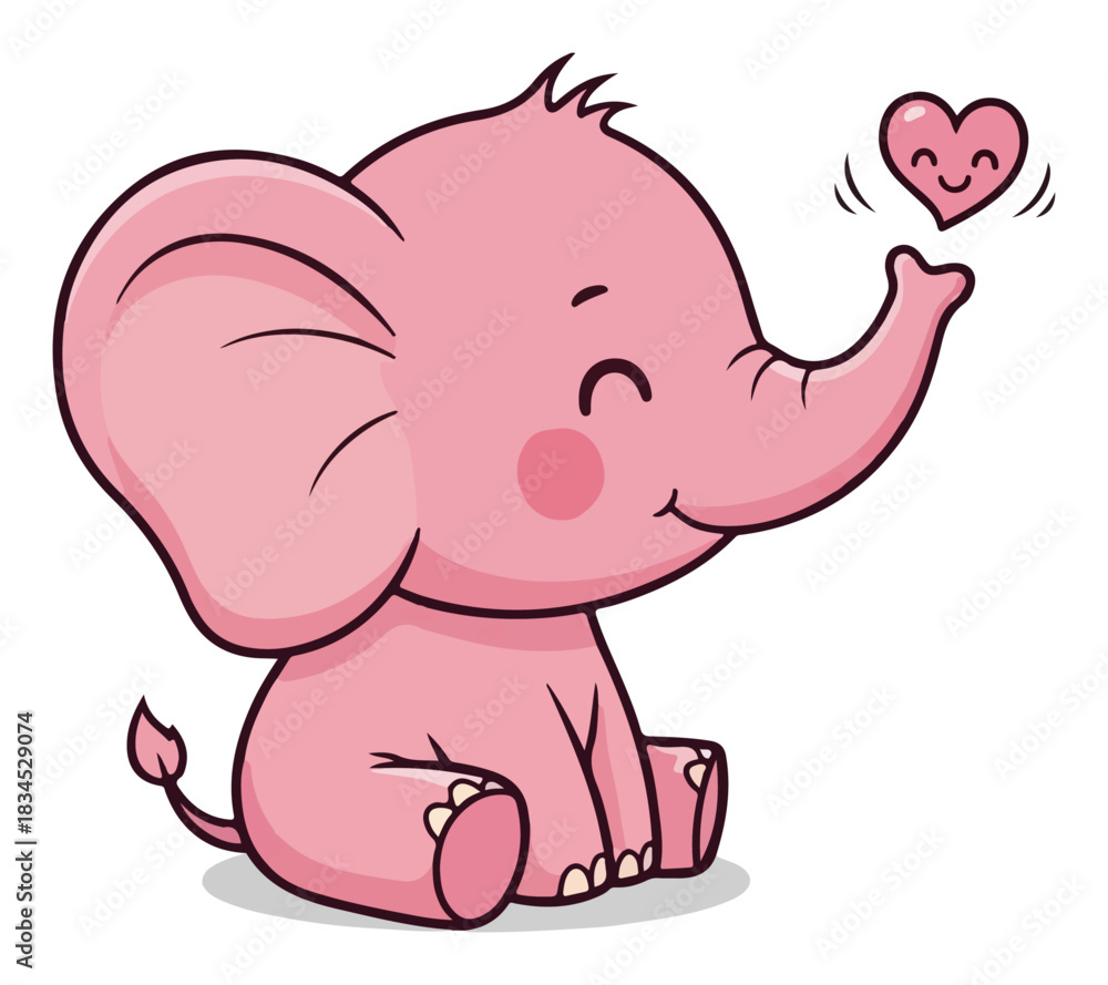Fototapeta premium Cute Pink Baby Elephant with Heart – Adorable Cartoon Animal Vector