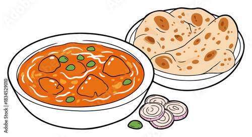 Indian Curry with Naan Bread Bowl Illustration