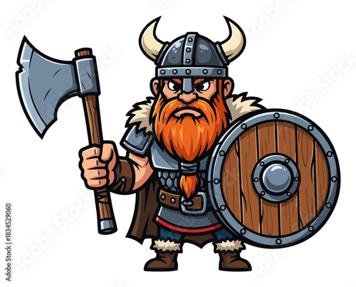 Viking Warrior Cartoon Mascot. Norse Character with Axe and Shield.