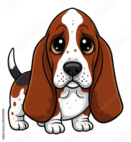 Sad Basset Hound Puppy Cartoon. Cute Dog with Droopy Eyes Vector Illustration.