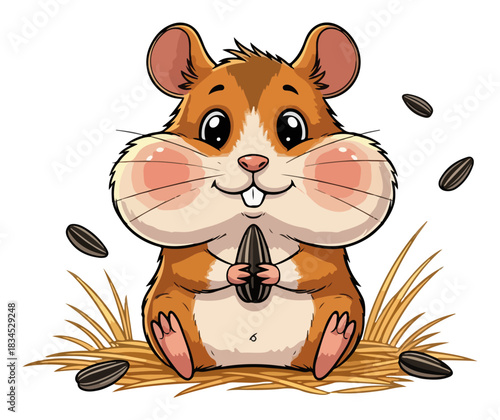 Cute cartoon hamster with full cheeks eating a sunflower seed. Adorable kawaii rodent pet vector illustration.