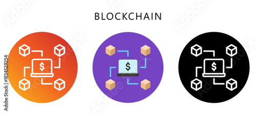 Blockchain Icon Button, Black, Gradient, Rounded Mini Illustration Relate To Industry 4-0. Use For Modern Concept, Ui, Ux Web And App Development.