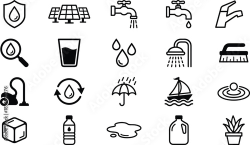 Water, Cleaning, and Ecology Line Icon Set: Essential Icons for Plumbing, Eco-Friendly Energy, Hydration, Shower, Washing, and Utility Symbols Vector Graphic.