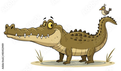 Cute cartoon crocodile with a bird friend on its back. Vector illustration of a friendly alligator for kids.
