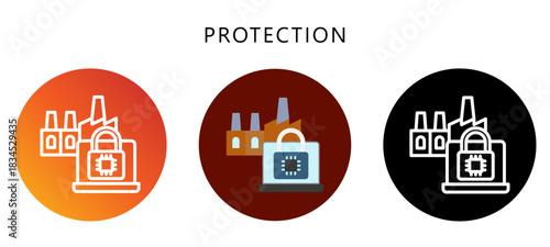 Protection Icon Button, Black, Gradient, Rounded Mini Illustration Relate To Industry 4-0. Use For Modern Concept, Ui, Ux Web And App Development.
