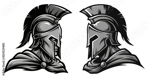 Spartan warrior head in ancient Greek helmet. Gladiator mascot for a logo or sport team emblem.