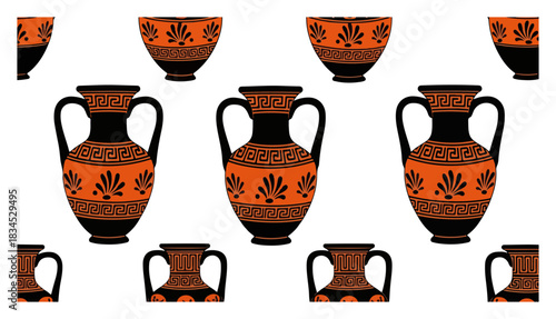 Seamless pattern of ancient Greek vases and amphorae with traditional ornaments. Vector background with antique pottery.