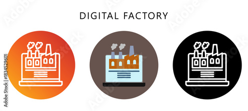 Digital Factory Icon Button, Black, Gradient, Rounded Mini Illustration Relate To Industry 4-0. Use For Modern Concept, Ui, Ux Web And App Development.