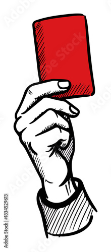 Hand Holding a Red Card Sketch. Referee Penalty Symbol in Soccer Hand Drawn Vector Illustration.