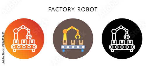Factory Robot Icon Button, Black, Gradient, Rounded Mini Illustration Relate To Industry 4-0. Use For Modern Concept, Ui, Ux Web And App Development.