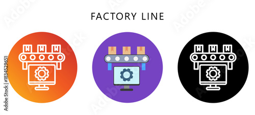Factory Line Icon Button, Black, Gradient, Rounded Mini Illustration Relate To Industry 4-0. Use For Modern Concept, Ui, Ux Web And App Development.