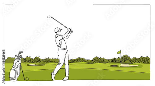 Golfer Swing on Course with Flag and Bag Minimal Line Art Vector