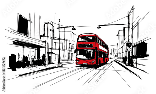 London Street Scene Sketch with a Red Double-Decker Bus. Cityscape Hand Drawn Vector Illustration.
