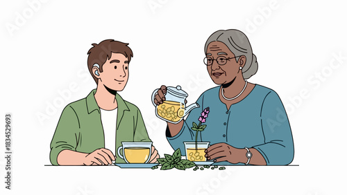 2025-12-04_image_001 (1): Grandmother pours tea for grandson, enjoying peaceful afternoon. 2025-12-04_image_001 (1) shows intergenerational connection,