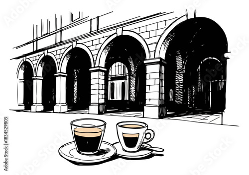Italian Espresso Cups with City Arch Arcade Sketch Urban Coffee Vector
