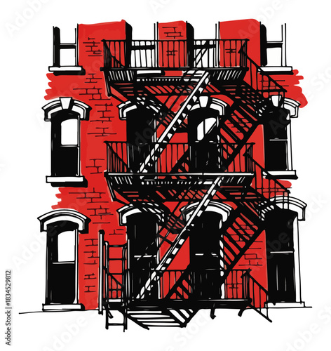 Urban Sketch of a New York City Building with Fire Escape. Hand Drawn Vector Illustration.