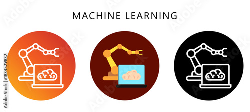 Machine Learning Icon Button, Black, Gradient, Rounded Mini Illustration Relate To Industry 4-0. Use For Modern Concept, Ui, Ux Web And App Development.