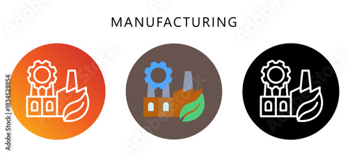 Manufacturing Icon Button, Black, Gradient, Rounded Mini Illustration Relate To Industry 4-0. Use For Modern Concept, Ui, Ux Web And App Development.