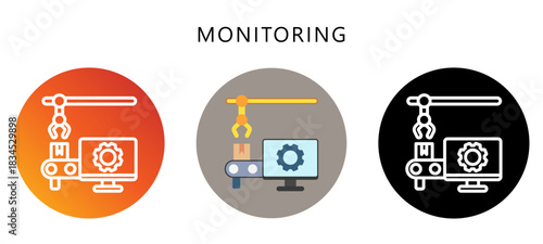 Monitoring Icon Button, Black, Gradient, Rounded Mini Illustration Relate To Industry 4-0. Use For Modern Concept, Ui, Ux Web And App Development.