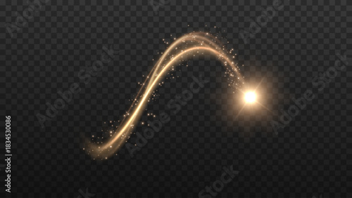 Glowing golden dust swirl with luminous particles and magical curved trail on transparent background.