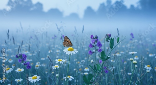 Fototapeta Naklejka Na Ścianę i Meble -  Butterfly resting on daisy flower in misty blue meadow at dawn
