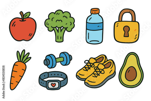 Healthy lifestyle elements icon set. fitness and nutrition collection for wellness design. balanced diet and exercise vector set.