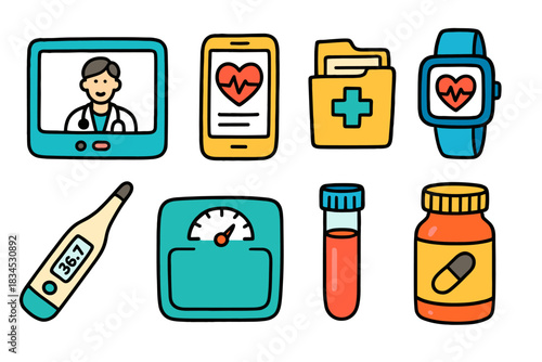 Medical technology icon set. healthcare equipment and digital health. perfect for apps, wearables, and medical design.