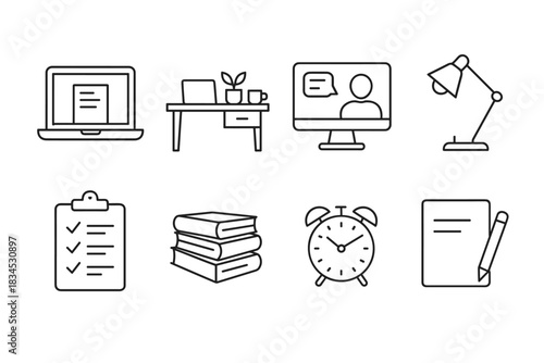 Home office essentials icon set. work from home vector set. productivity tools for remote work design.