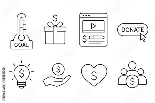 Fundraising and donation icon set. charity and giving vector set. goal achievement and philanthropy icons for design.