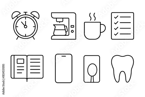 Minimalist office icon set featuring coffee, alarm clock, and toothcare for efficient planning and organization