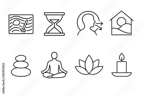 Minimalist icon set for mindfulness and relaxation with symbols of meditation, balance, and renewal