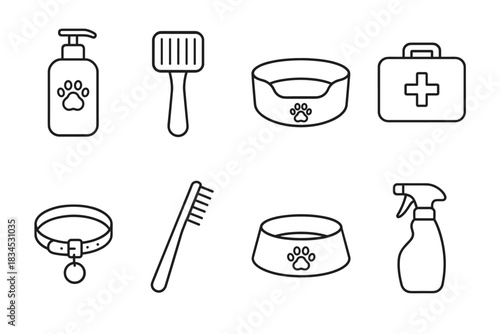 Pet care icon set. grooming and hygiene vector set. essential tools for pet health.