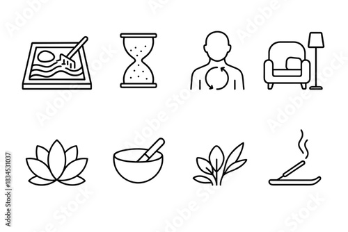 Zen and relaxation icon set featuring meditation, wellness, and home comfort elements