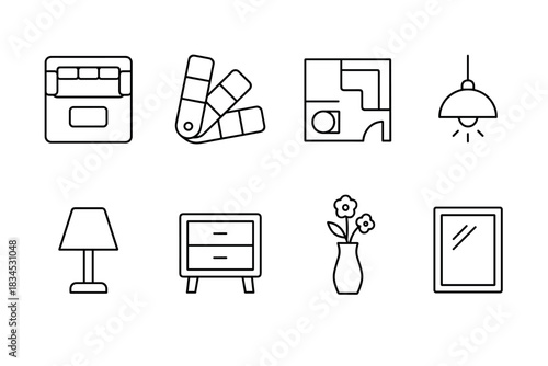 Home decor icon set. furniture and interior design elements for print and digital use.