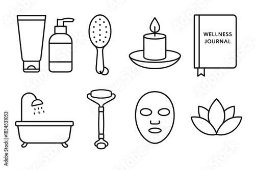Wellness and relaxation icon set. spa and self care symbols for wellness design. beauty routine elements for journals.