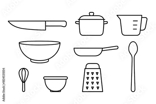 Kitchen utensil icon set. knife, pot, bowl, measuring cup, whisk icons. cooking vector design for culinary projects.