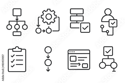 Business process flowchart icon set. workflow symbols and diagrams. business and productivity tools.