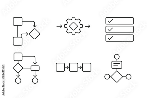 Business process flowchart icon set. streamlined workflow illustration for efficiency. diagram symbols for process optimization.