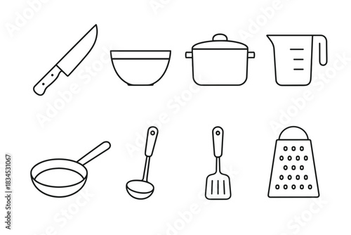 Kitchen utensil icon set featuring knife, bowl, pot, measuring cup, and cooking tools for culinary projects