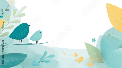Colorful flat illustration of two birds perched on a branch surrounded by vibrant leaves and flowers, featuring ample copy space for text or design elements