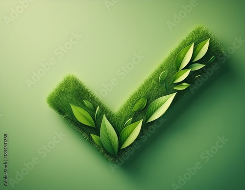 green grass checkmark symbol with lush leaves on light green background for eco friendly design and nature themed projects