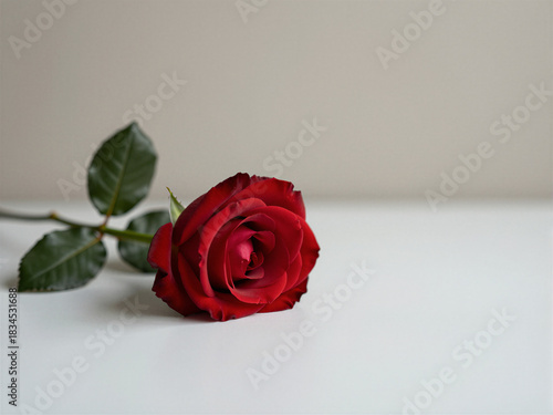 Single red rose on light background, elegant romantic flower with simple minimalist composition