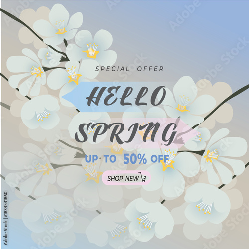 Hello sprint ,Delicate floral spring banner in pastel colors with text “SPECIAL OFFER”, “HELLO SPRING”, “UP TO 50% OFF”, “SHOP NOW”.