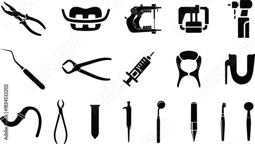 Dental instruments silhouette collection a comprehensive set of tools for oral care