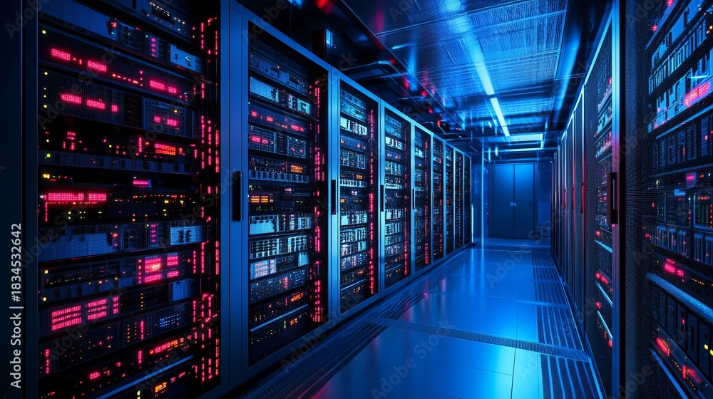 Fototapeta premium Modern data center with rows of server racks glowing with red lights showcases secure technology and reliable information infrastructure solutions