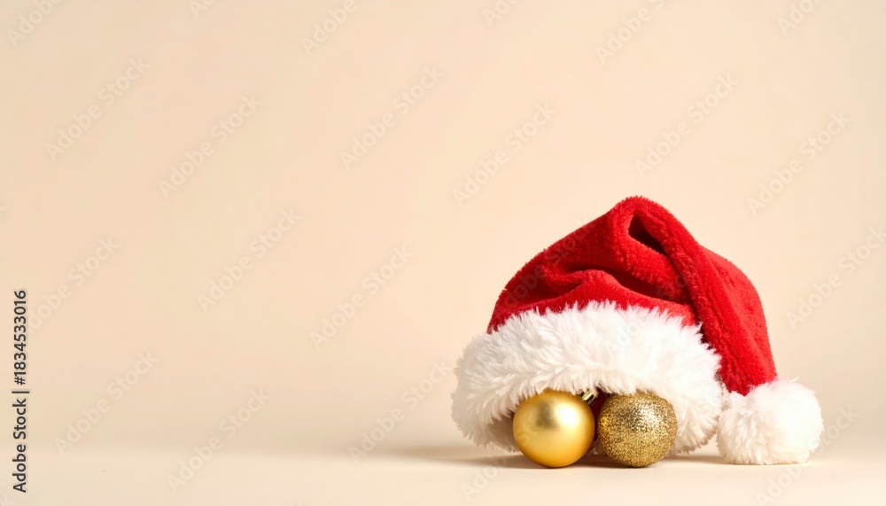 Fototapeta premium A festive Christmas scene featuring a small red Santa hat with fluffy