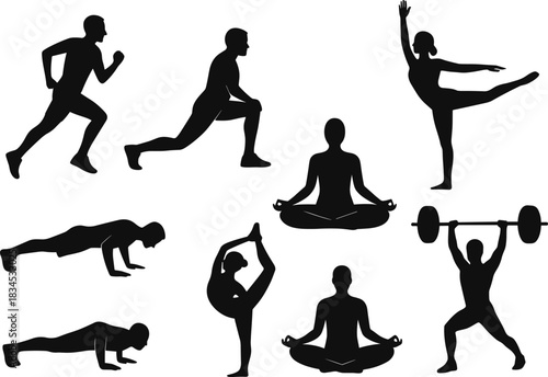 Human Silhouettes Fitness Yoga Workout Poses Collection | Black Solid Vector